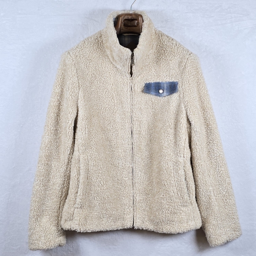 Pendleton Sherpa Jacket Deep Pile Fleece Full Zip Pocket Plaid Detail Women M - Picture 1 of 12